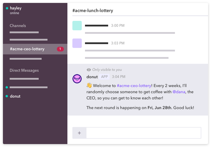 Donut app: coffee chat announcement in Slack