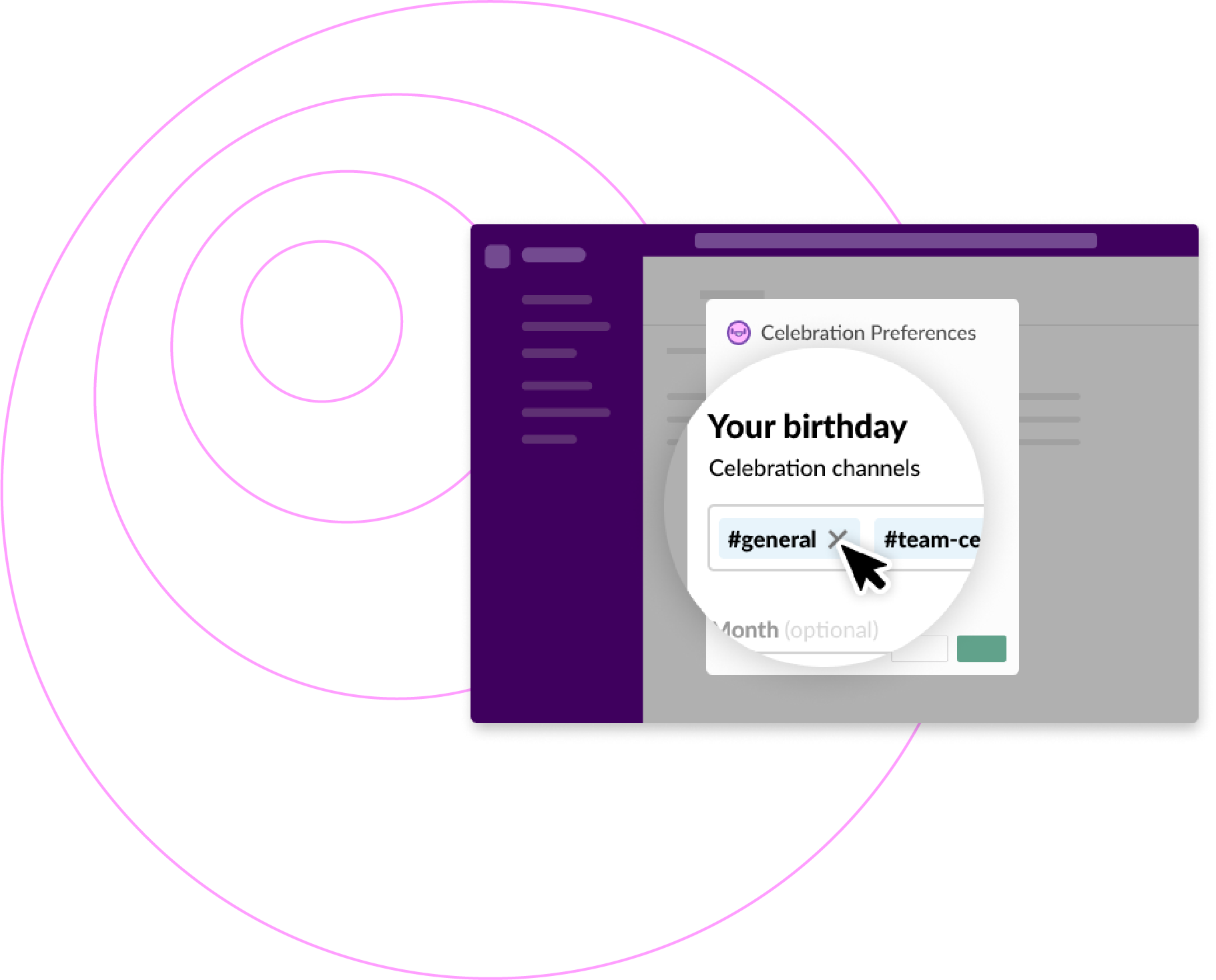 a Slack modal that shows a cursor clicking to toggle off birthday celebrations messages