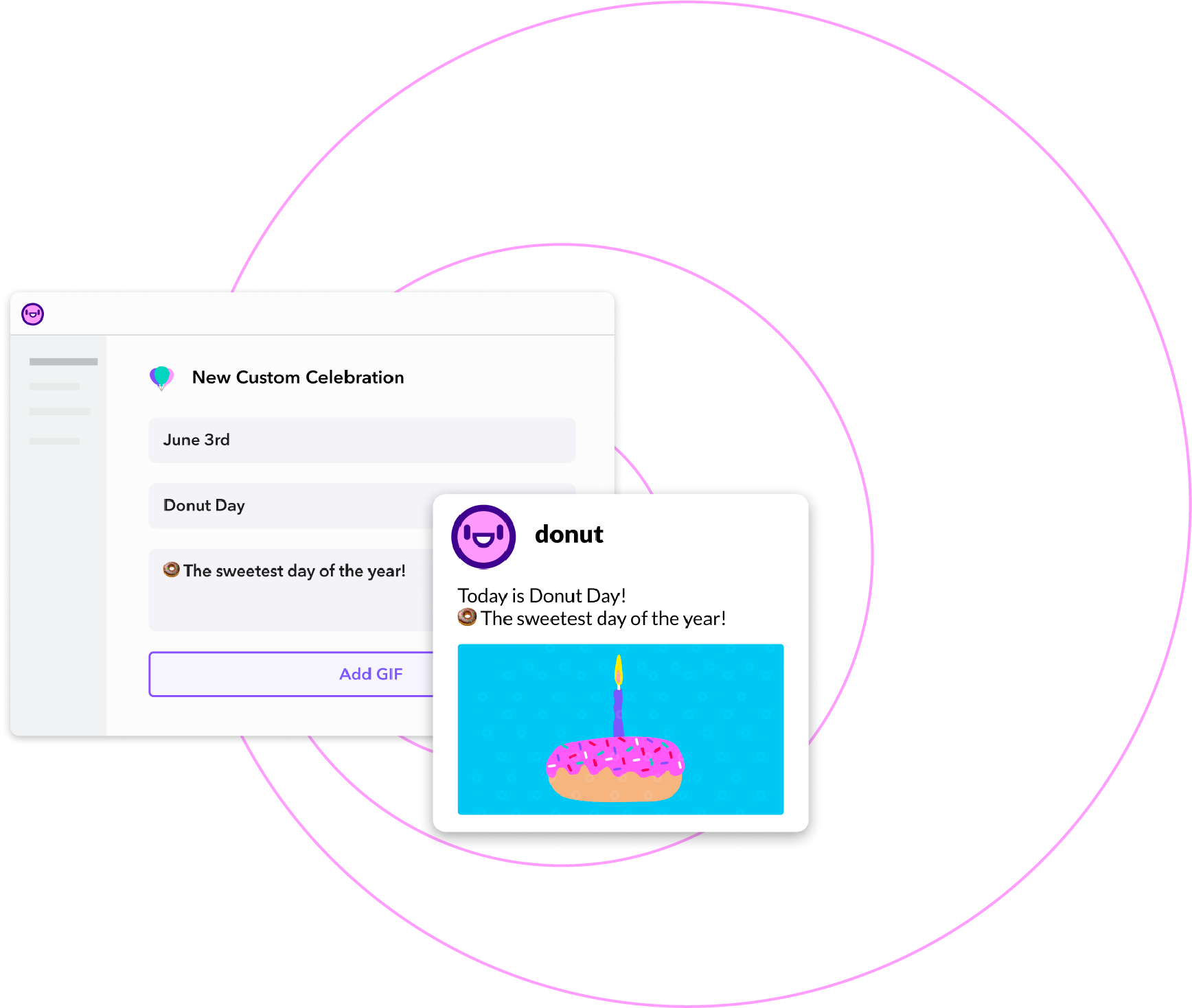 the window in the donut dashboard that allows you to create custom celebration messages. the date, celebration title and description that will be shared in a slack message are shown in separate fields along with a preview of the message.