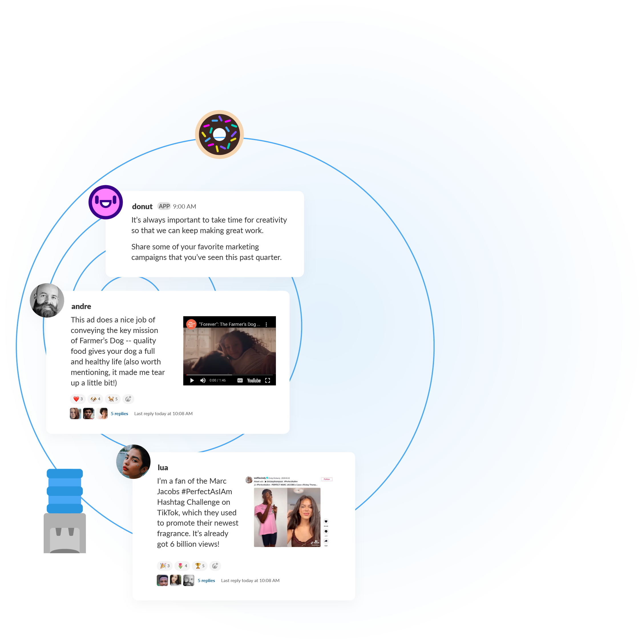 Screenshot of 3 Slack messages in a donut conversation about favorite marketing campaigns. First message from donut app prompts sharing campaigns from the past quarter. Second message is from Andre describing an ad from Farmer's Dog conveying quality food for dog health and longevity. Third message is from Lua mentioning the viral Marc Jacobs #PerfectAsIAm TikTok hashtag challenge for a new fragrance.