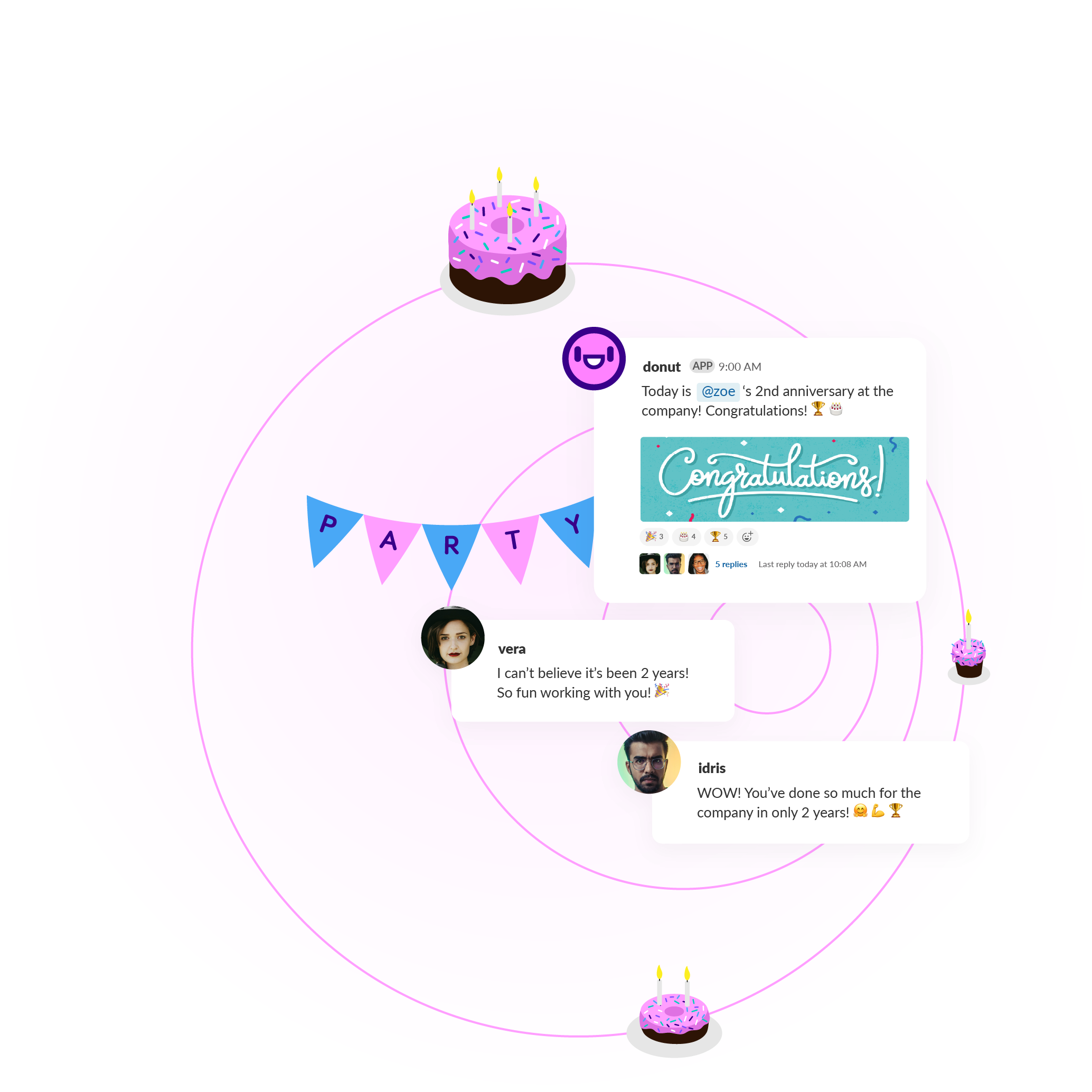 Screenshot of 3 Slack messages in a donut conversation celebrating Zoe's 2nd work anniversary. The first message is from the donut app sharing the congratulatory note. The second message from an employee replies with congratulations. The third message is from Idris expressing surprise at how much Zoe has contributed in 2 years.