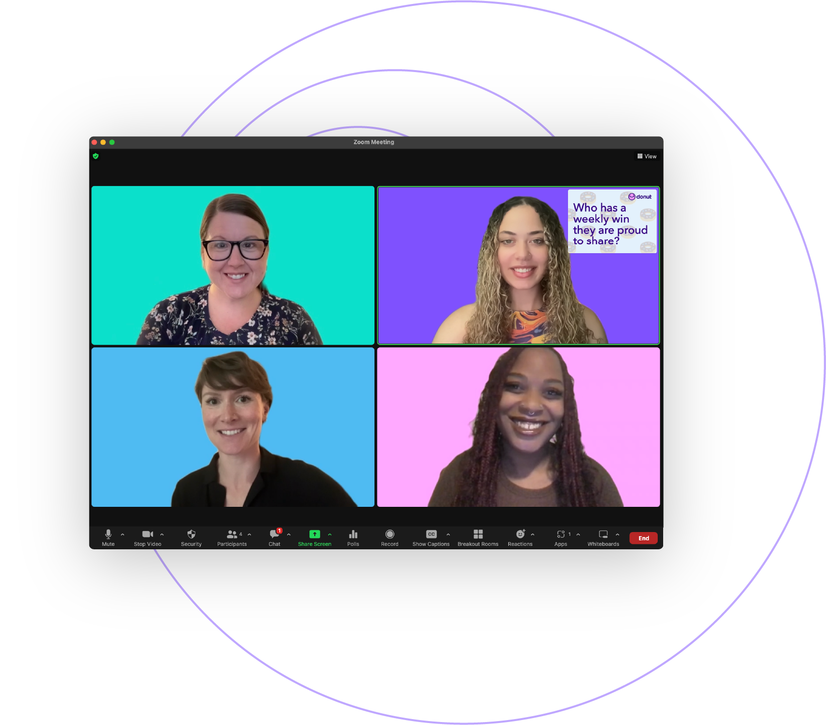 An image of a Zoom video call window with 4 people. The top right attendee has an example of how Icebreakers appears in a Zoom meeting.