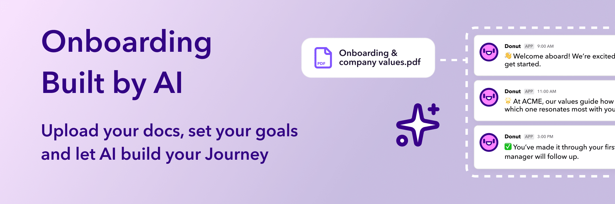 Onboarding built by AI. Document upload of onboarding docs resulting in AI generated communications from Donut.
