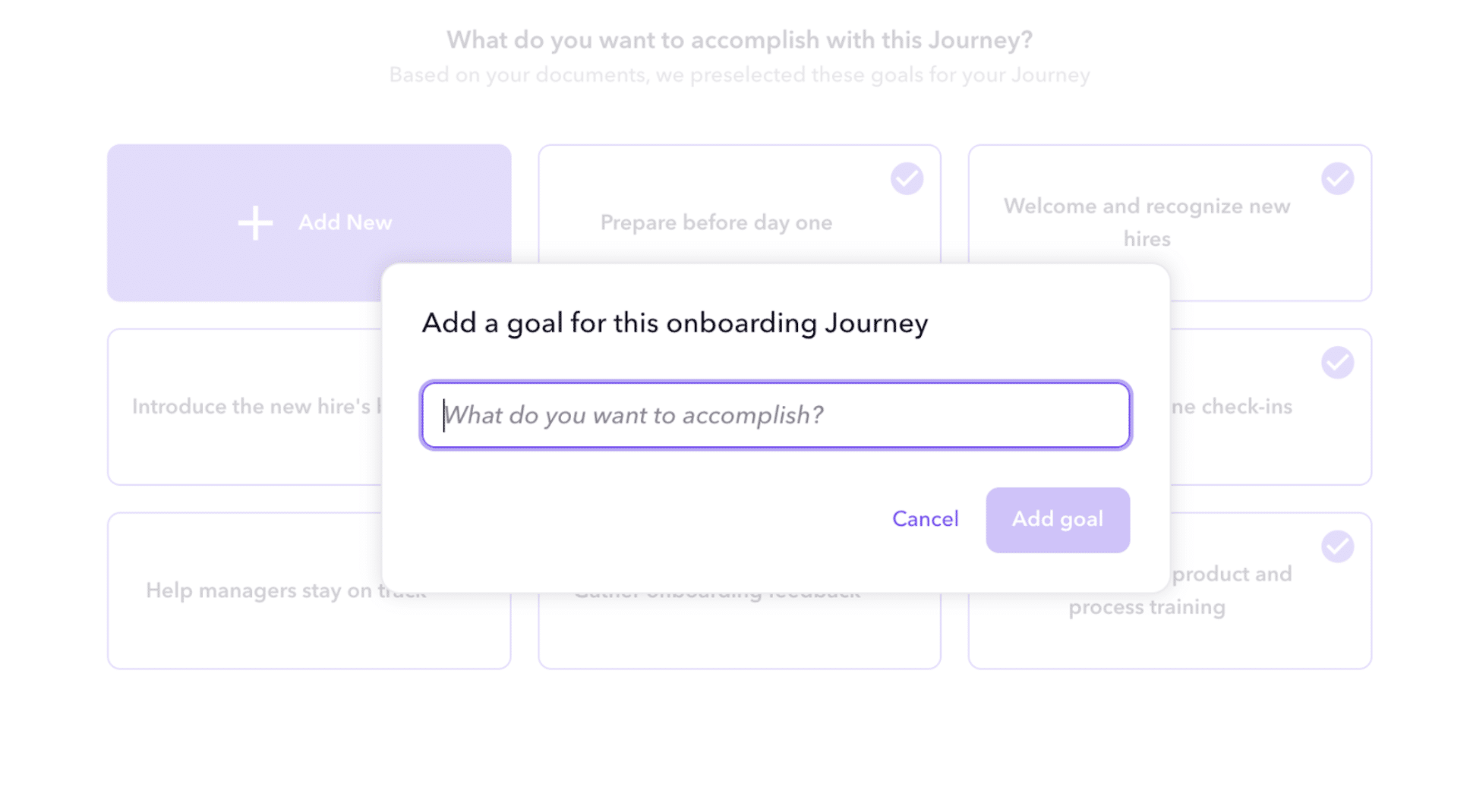 Journey page where you set goals for your AI generated onboarding journey.
