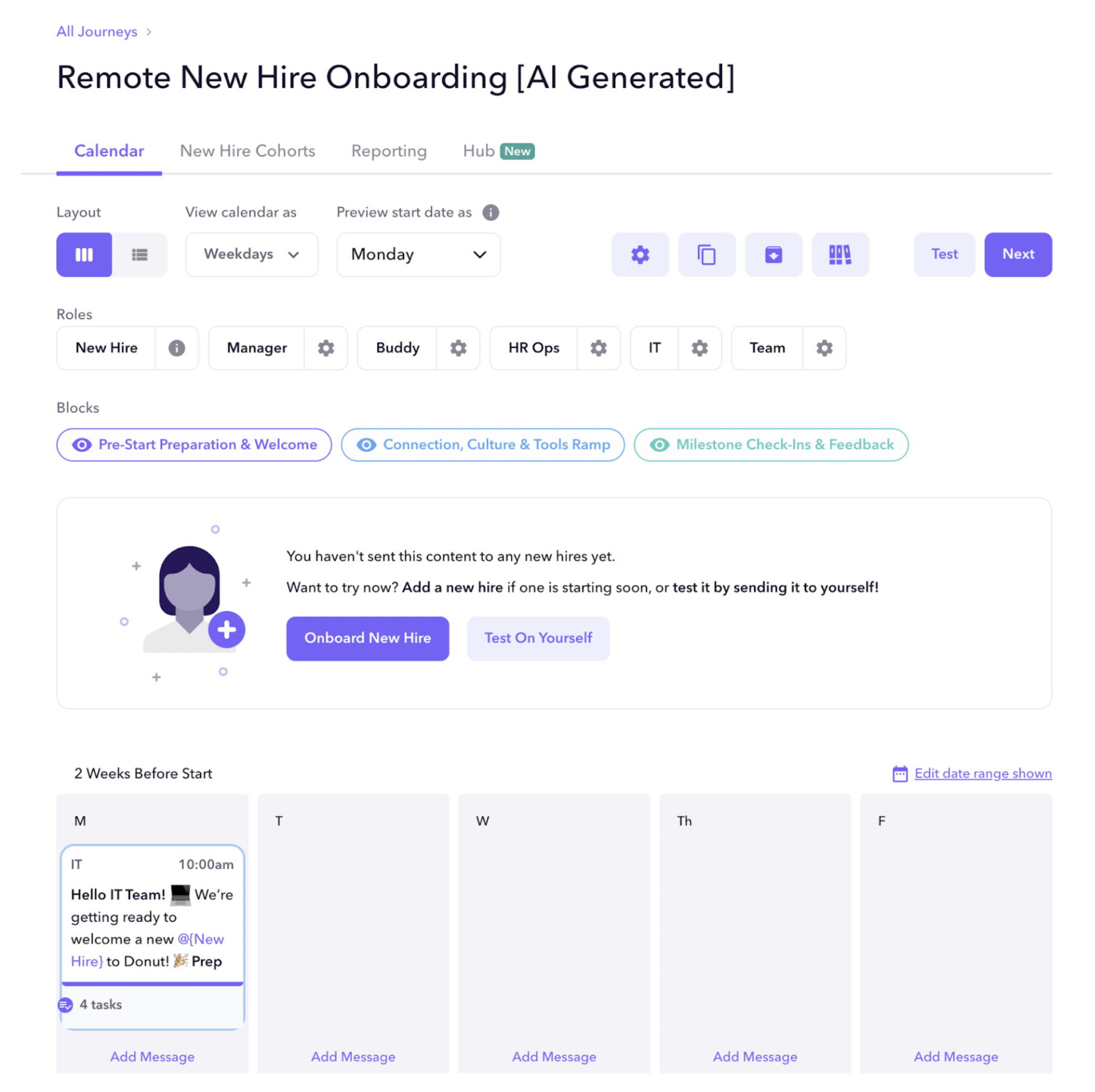AI Generated Journey showing a welcome message that will automatically send to any new hires who are enrolled in this Journey.