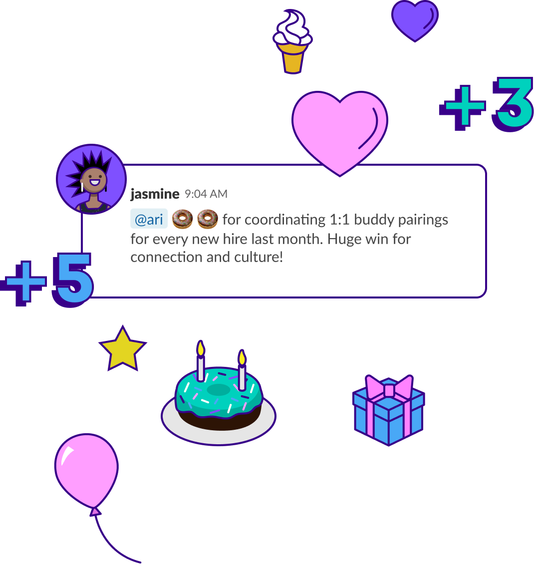An example of a Donut Shoutouts Slack message for workplace recognition