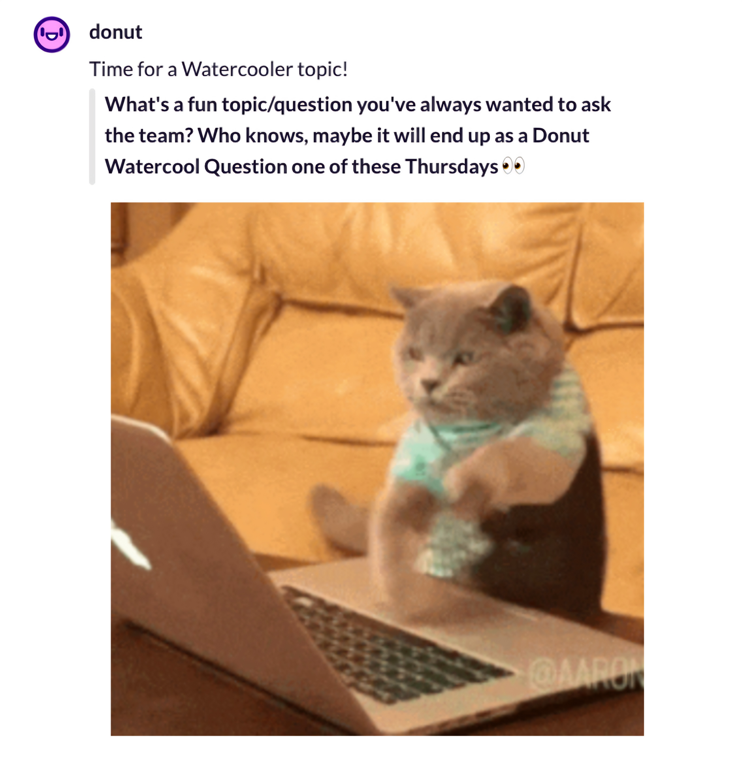 Donut Watercooler prompt in Airalo's Slack asking teammates what question they'd ask the whole team